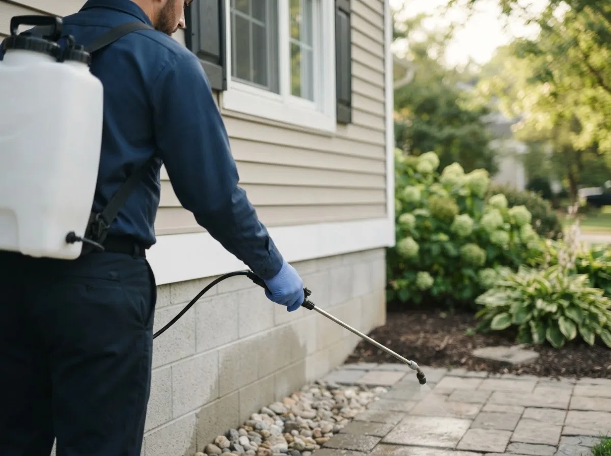 Pest control technician inspecting a home in Wendell, NC